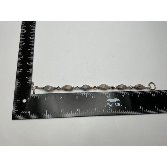 Vtg Sterling Silver Agate Bead Bracelet 6.5" Toggle Clasp Earth Tone Estate - Picture 7 of 10